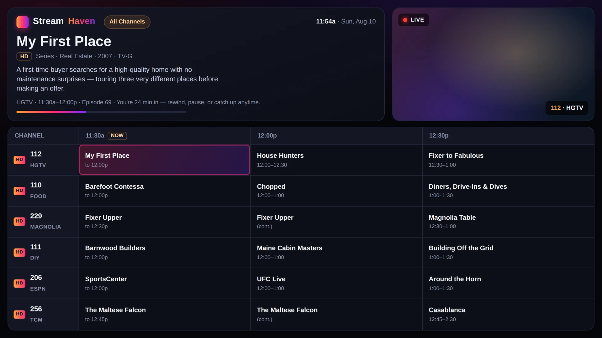 StreamHaven program guide showing a live channel grid with what's on now and next