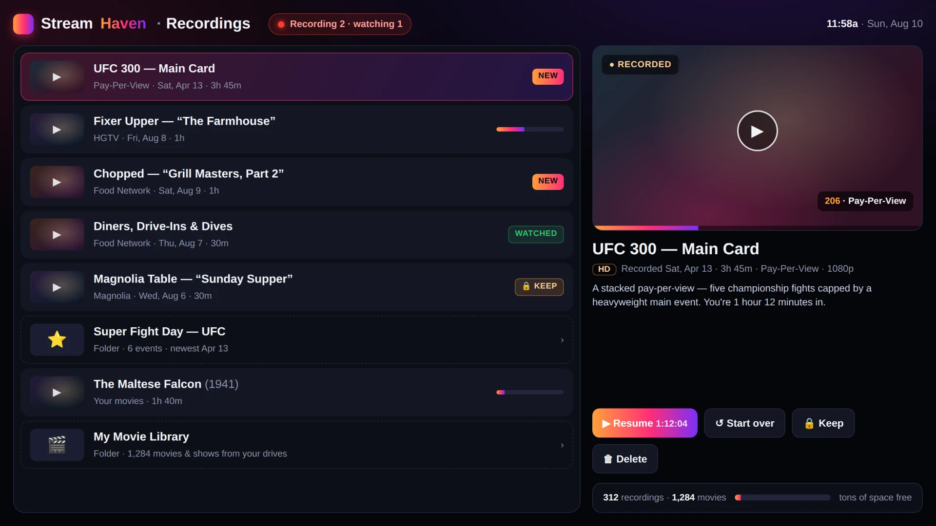 StreamHaven recordings library listing recorded shows, movies and folders with playback options